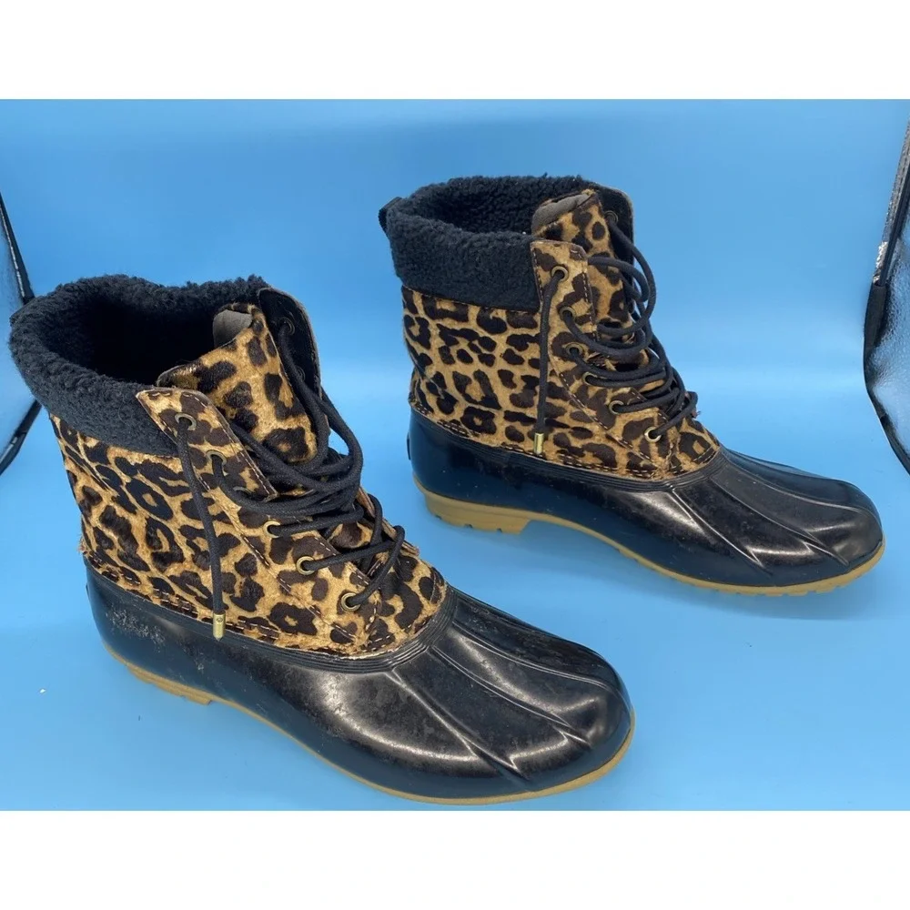 Sam Edelman Caldwell Leopard Calf Hair Duck Winter Boots Black Women's Size 9M